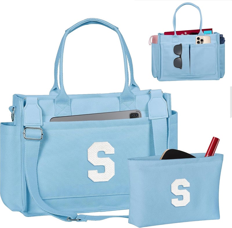 Freesya Store Birthday Gifts for Women Teen Girls, Initial Tote Bag with Zipper, Letter Canvas Tote Purse for College Work Laptop - Image 1